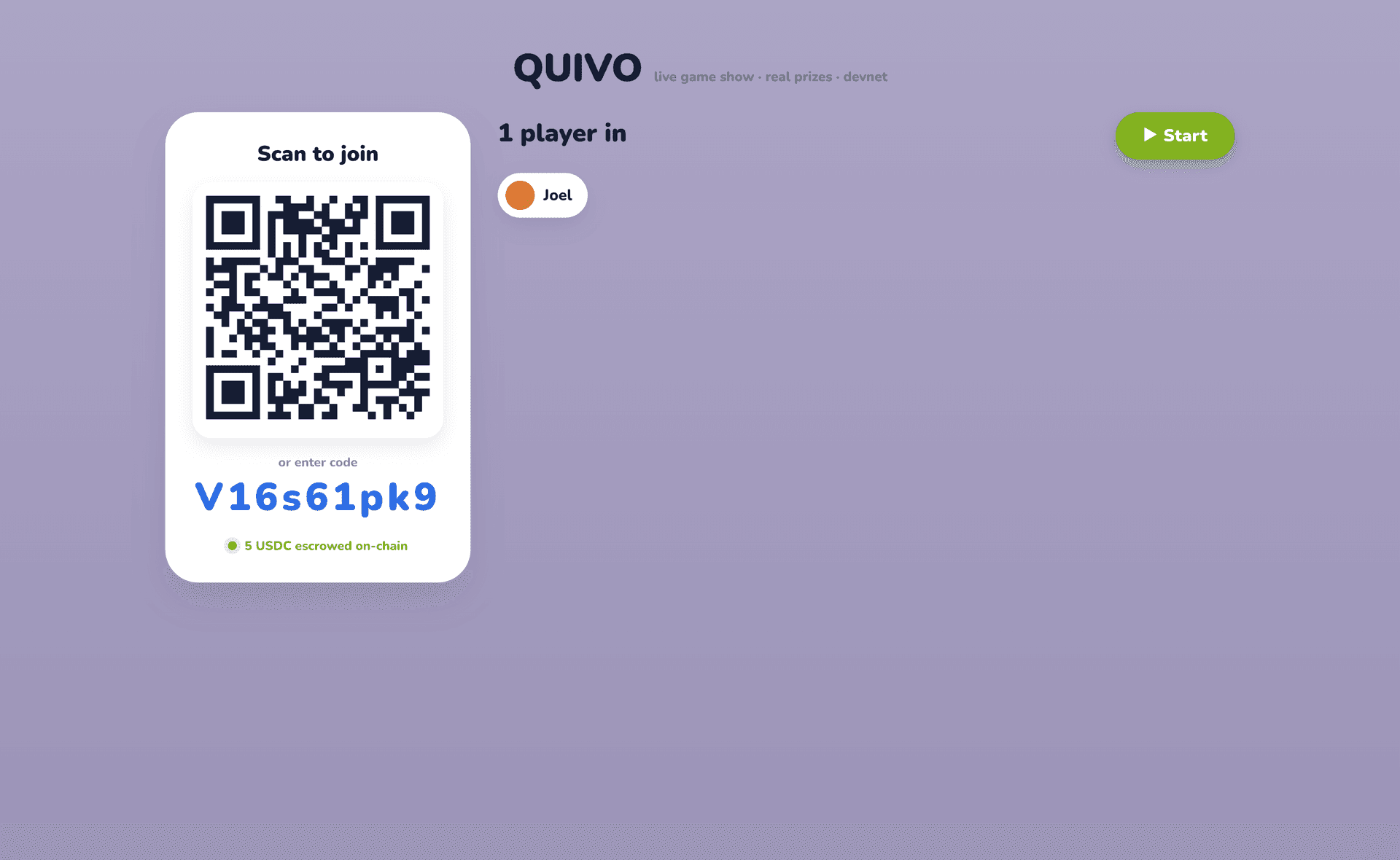 Live lobby — players join by QR